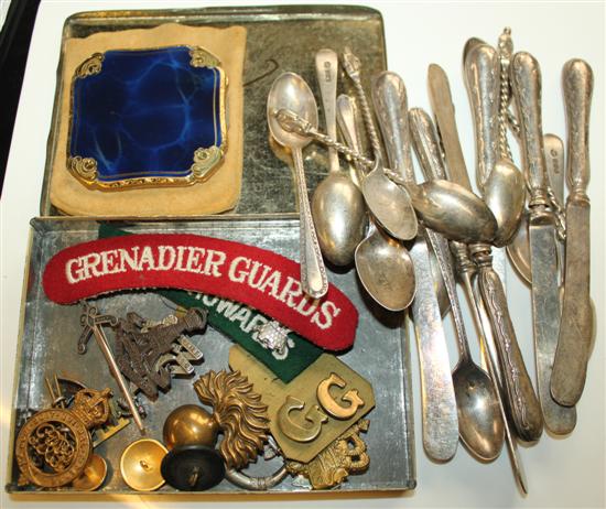 Silver spoons, military badges & compact